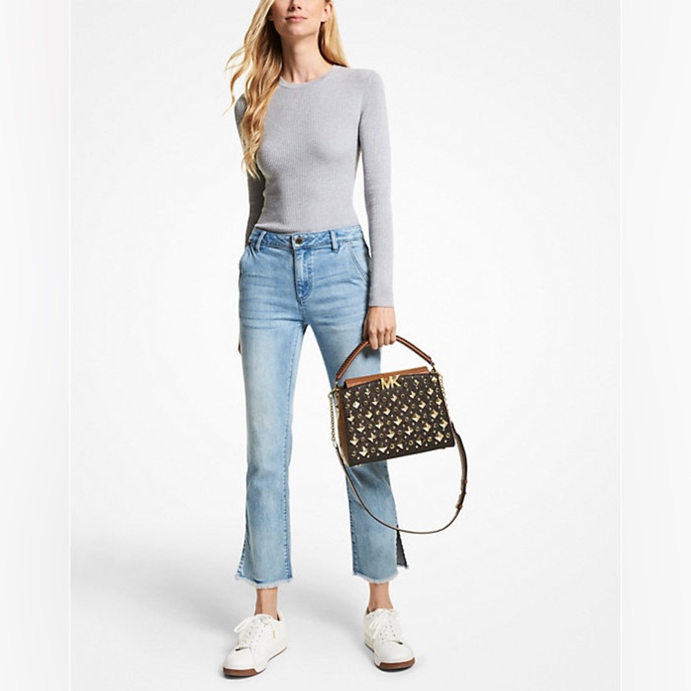 New Michael Kors Karlie Medium Studded Signature Logo Satchel in Chestnut Brown - Picture 6 of 17